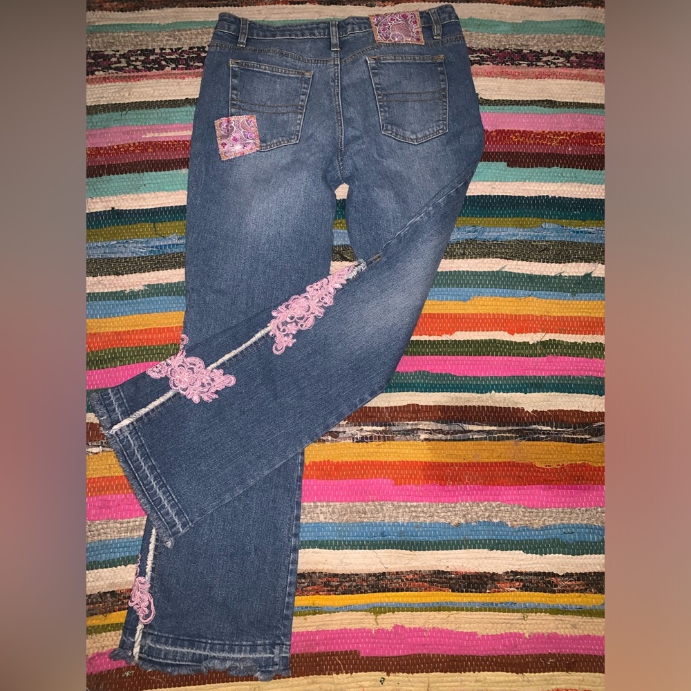 Bisou Bisou Blue Jeans with Pink Lace Detail